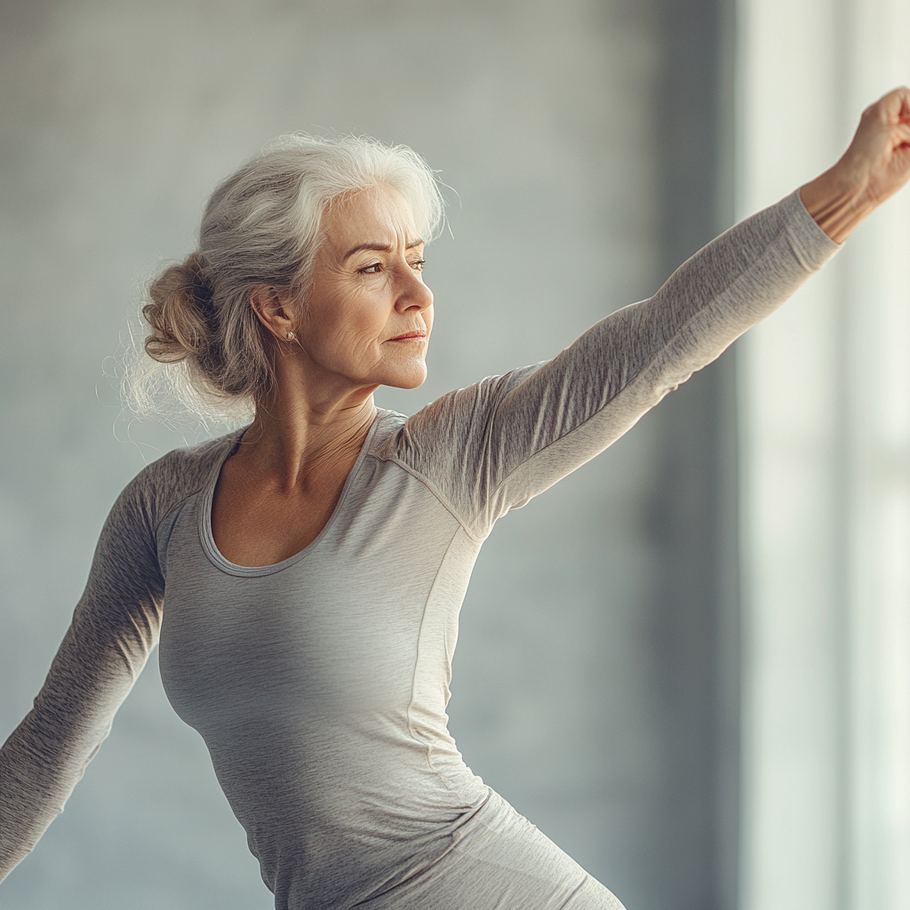 Старша жінка виконує плавні рухи тайцзі